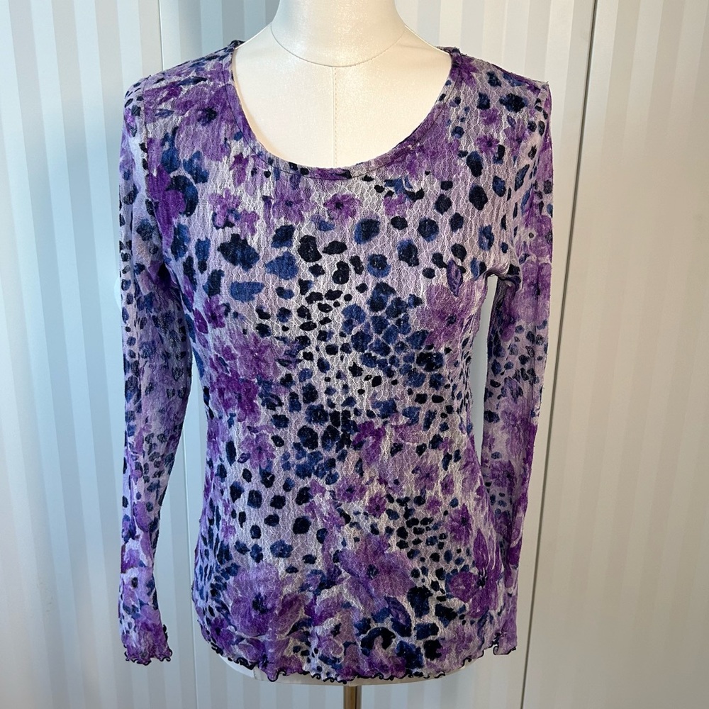 Christopher & Banks purple blue white floral long ruffled sleeve top Size M